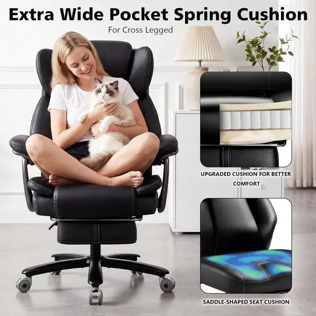 Alt view image 4 of 7 - 500lbs Reclining Big and Tall Office Chair for Heavy People with Foot Rest | Heavy Duty Executive Desk Chair,High Back Computer Chair,Adjustable Lumbar Support,Pocket Spring Cushion