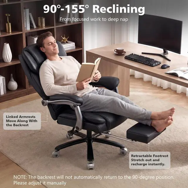 Alt view image 6 of 7 - 500lbs Reclining Big and Tall Office Chair for Heavy People with Foot Rest | Heavy Duty Executive Desk Chair,High Back Computer Chair,Adjustable Lumbar Support,Pocket Spring Cushion