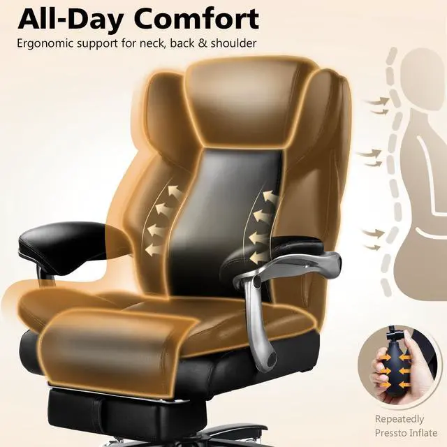 Alt view image 7 of 7 - 500lbs Reclining Big and Tall Office Chair for Heavy People with Foot Rest | Heavy Duty Executive Desk Chair,High Back Computer Chair,Adjustable Lumbar Support,Pocket Spring Cushion