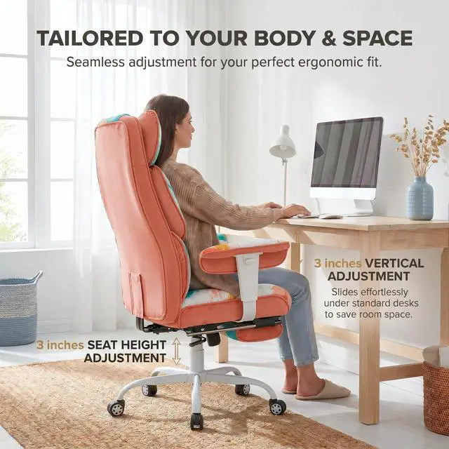 Alt view image 7 of 7 - Big and Tall Office Chair 400lbs - Heavy Duty Desk Chair with Footrest, 6-Inch Extra Thick Pocket Spring Seat, Modern Aesthetic Soft Fabric Computer Chair for Home Studio, Watercolor Pink