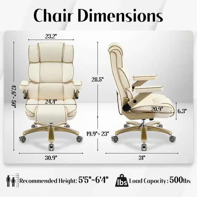 Alt view image 2 of 7 - Big and Tall Office Chair 500lbs,5D Armrests Heavy Duty Executive Leather Chair with Comfortable Seat, Adjustable Lumbar, High Back, Large Computer Desk Chair for Home Office, Beige