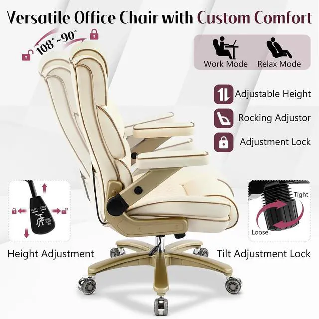 Alt view image 4 of 7 - Big and Tall Office Chair 500lbs,5D Armrests Heavy Duty Executive Leather Chair with Comfortable Seat, Adjustable Lumbar, High Back, Large Computer Desk Chair for Home Office, Beige