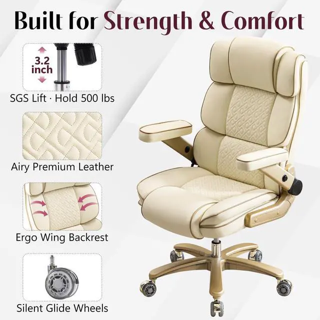 Alt view image 6 of 7 - Big and Tall Office Chair 500lbs,5D Armrests Heavy Duty Executive Leather Chair with Comfortable Seat, Adjustable Lumbar, High Back, Large Computer Desk Chair for Home Office, Beige