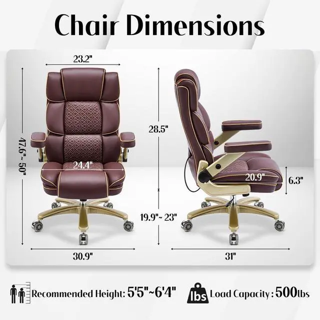 Alt view image 2 of 7 - Heavy Duty Executive Leather Chair, Big and Tall Office Chair 500lbs with 5D Flip-up Armrests, Comfortable Seat, Adjustable Lumbar, High Back, Large Computer Desk Chair for Home Office, Brown