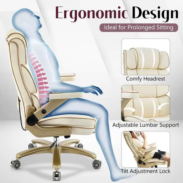 Alt view image 7 of 7 - Big and Tall Office Chair 500lbs,5D Armrests Heavy Duty Executive Leather Chair with Comfortable Seat, Adjustable Lumbar, High Back, Large Computer Desk Chair for Home Office, Beige