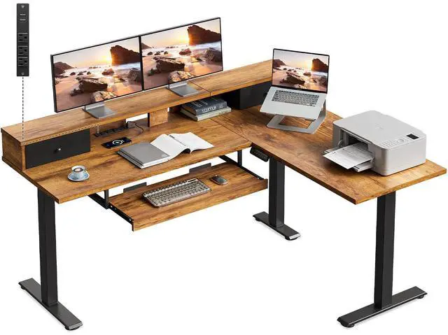 Main image of 59" L Shaped Electric Standing Desk with Drawers, Rustic Brown | Monitor Stand, Keyboard Tray, Fabric Drawer, Power Outlets, Height Adjustable Corner Stand Up Desk for Organized Home Office
