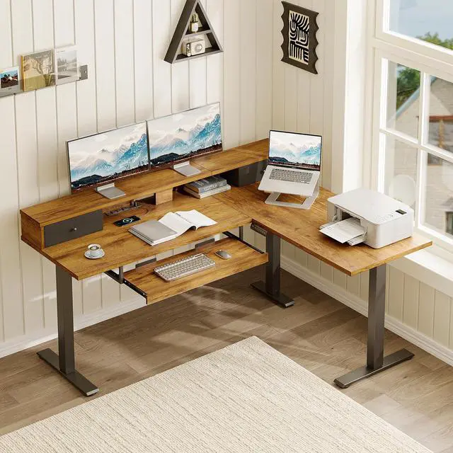 Alt view image 2 of 7 - 59" L Shaped Electric Standing Desk with Drawers, Rustic Brown | Monitor Stand, Keyboard Tray, Fabric Drawer, Power Outlets, Height Adjustable Corner Stand Up Desk for Organized Home Office