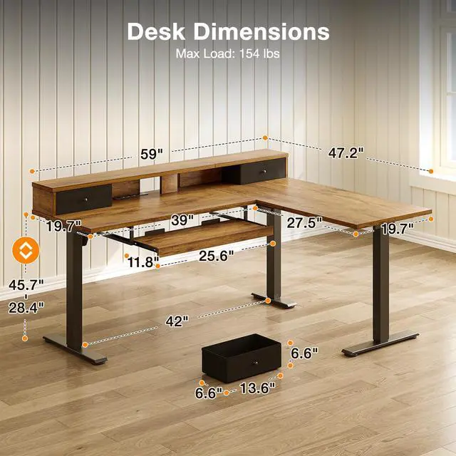 Alt view image 3 of 7 - 59" L Shaped Electric Standing Desk with Drawers, Rustic Brown | Monitor Stand, Keyboard Tray, Fabric Drawer, Power Outlets, Height Adjustable Corner Stand Up Desk for Organized Home Office