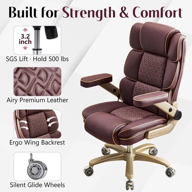 Alt view image 4 of 7 - Heavy Duty Executive Leather Chair, Big and Tall Office Chair 500lbs with 5D Flip-up Armrests, Comfortable Seat, Adjustable Lumbar, High Back, Large Computer Desk Chair for Home Office, Brown