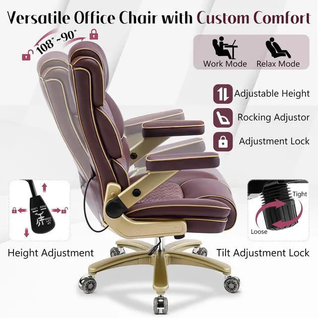 Alt view image 6 of 7 - Heavy Duty Executive Leather Chair, Big and Tall Office Chair 500lbs with 5D Flip-up Armrests, Comfortable Seat, Adjustable Lumbar, High Back, Large Computer Desk Chair for Home Office, Brown