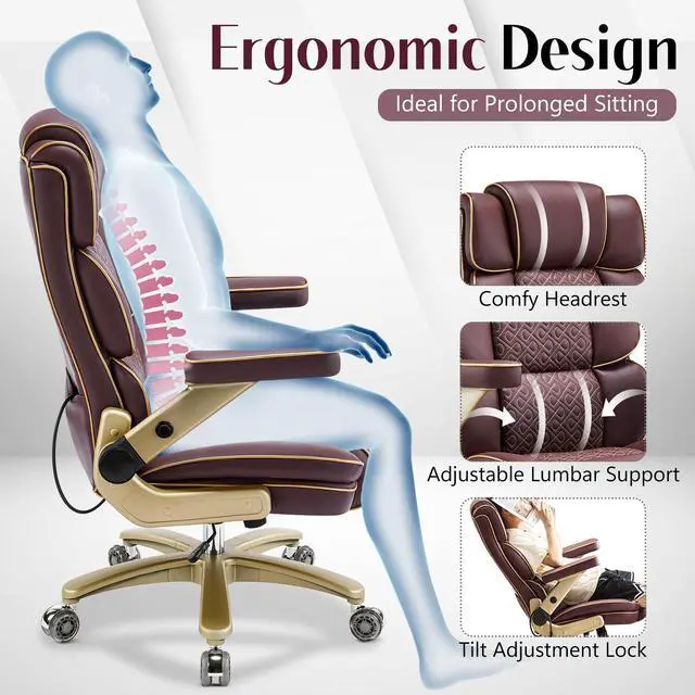 Alt view image 7 of 7 - Heavy Duty Executive Leather Chair, Big and Tall Office Chair 500lbs with 5D Flip-up Armrests, Comfortable Seat, Adjustable Lumbar, High Back, Large Computer Desk Chair for Home Office, Brown