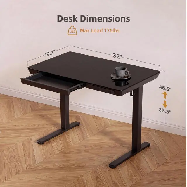 Alt view image 3 of 7 - 32" Small Glass Standing Desk with Drawers & USB Ports, Whole-Piece Glass Top Adjustable Height Desks, Quick-Install Electric Sit-Stand Up Desk for Home Office & Computer Workstation, Black