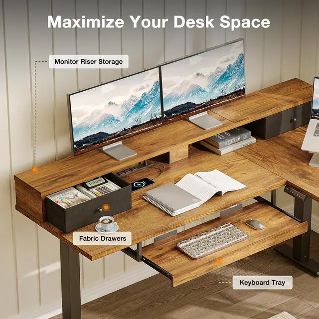 Alt view image 4 of 7 - 59" L Shaped Electric Standing Desk with Drawers, Rustic Brown | Monitor Stand, Keyboard Tray, Fabric Drawer, Power Outlets, Height Adjustable Corner Stand Up Desk for Organized Home Office