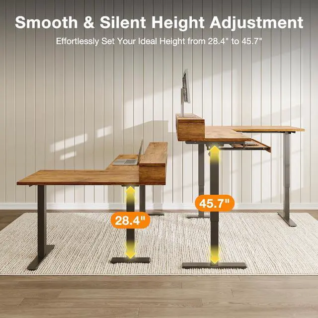 Alt view image 5 of 7 - 59" L Shaped Electric Standing Desk with Drawers, Rustic Brown | Monitor Stand, Keyboard Tray, Fabric Drawer, Power Outlets, Height Adjustable Corner Stand Up Desk for Organized Home Office