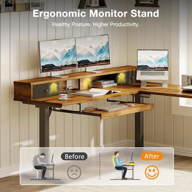 Alt view image 6 of 7 - 59" L Shaped Electric Standing Desk with Drawers, Rustic Brown | Monitor Stand, Keyboard Tray, Fabric Drawer, Power Outlets, Height Adjustable Corner Stand Up Desk for Organized Home Office