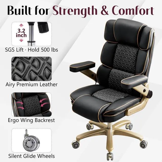 Alt view image 4 of 7 - Big and Tall Office Chair 500lbs, Heavy Duty Leather Chair with 5D Armrests Comfortable Seat, High Back Executive Office Chair with Adjustable Lumbar, Large Computer Chair for Home Office, Black