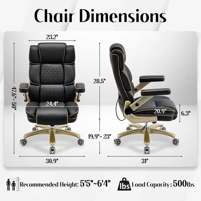 Alt view image 2 of 7 - Big and Tall Office Chair 500lbs, Heavy Duty Leather Chair with 5D Armrests Comfortable Seat, High Back Executive Office Chair with Adjustable Lumbar, Large Computer Chair for Home Office, Black