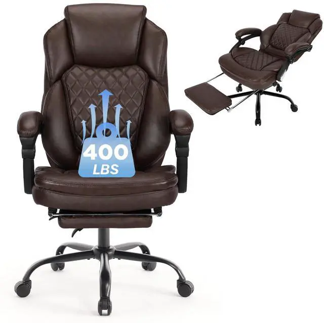 Main image of Plus Size Leather Recliner Office Desk Chair with Foot Rest Brown | 160° Fully Reclining, Height Adjustable, High Back, Big Tall Managerial Executive Chair, Faux Leather, Mid-Century