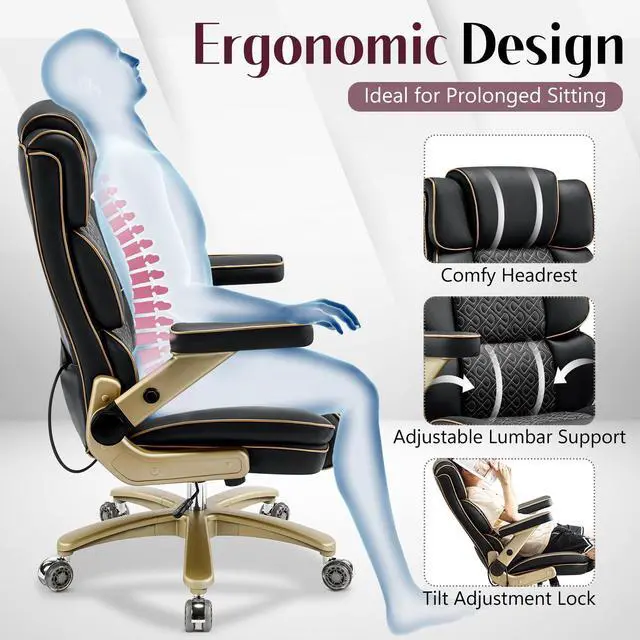 Alt view image 5 of 7 - Big and Tall Office Chair 500lbs, Heavy Duty Leather Chair with 5D Armrests Comfortable Seat, High Back Executive Office Chair with Adjustable Lumbar, Large Computer Chair for Home Office, Black
