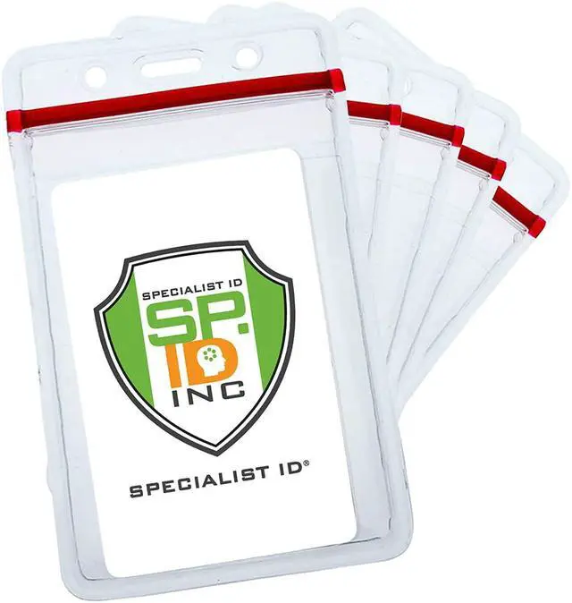 Main image of Bulk 100 Pack - Heavy Duty Clear Vinyl Badge Holders for Vertical Name Badges - Great for Employee or Student ID Card - Water Resistant Sleeves w Red Resealable Top for Multiple Cards by