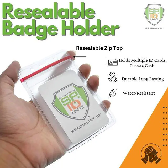 Alt view image 2 of 7 - Bulk 100 Pack - Heavy Duty Clear Vinyl Badge Holders for Vertical Name Badges - Great for Employee or Student ID Card - Water Resistant Sleeves w Red Resealable Top for Multiple Cards by