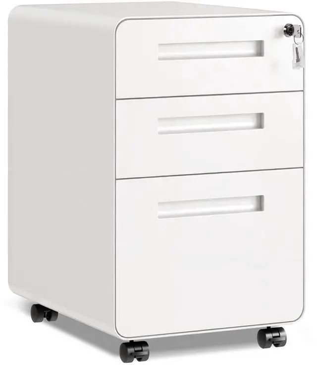 Main image of 3 Drawer File Cabinet with Lock, Fully Assembled Filing Cabinet | Mobile Metal File Cabinet Under Desk for Home Office, Printer Stand fits Letter/Legal Size, White