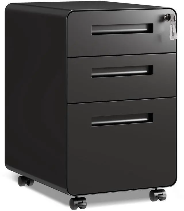 Main image of 3 Drawer File Cabinet with Lock, Fully Assembled Except Casters | Thickened Metal Mobile Filing Cabinet, Under Desk File Cabinet for Home Office, fits Letter/Legal Size, Black