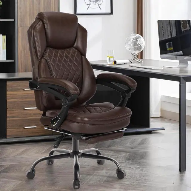 Alt view image 2 of 7 - Plus Size Leather Recliner Office Desk Chair with Foot Rest Brown | 160° Fully Reclining, Height Adjustable, High Back, Big Tall Managerial Executive Chair, Faux Leather, Mid-Century