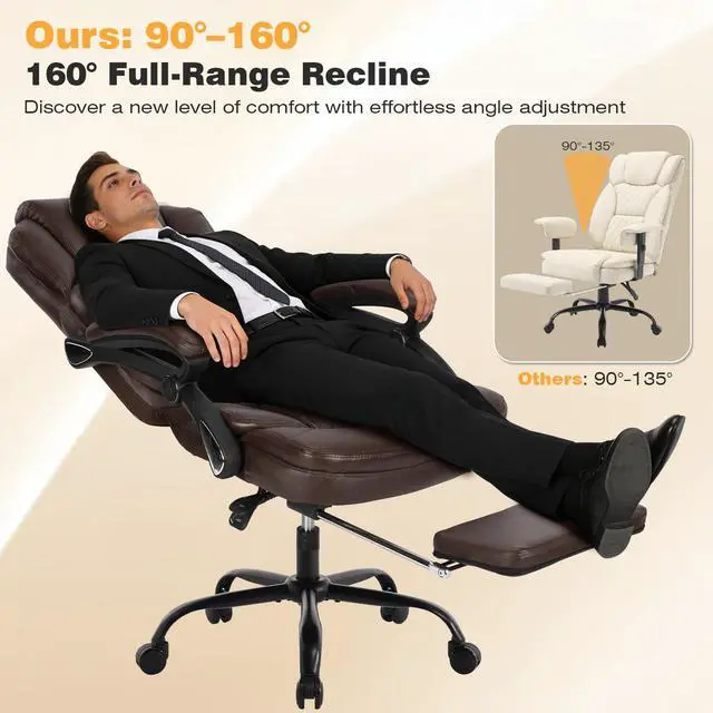 Alt view image 4 of 7 - Plus Size Leather Recliner Office Desk Chair with Foot Rest Brown | 160° Fully Reclining, Height Adjustable, High Back, Big Tall Managerial Executive Chair, Faux Leather, Mid-Century