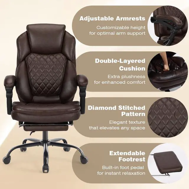 Alt view image 5 of 7 - Plus Size Leather Recliner Office Desk Chair with Foot Rest Brown | 160° Fully Reclining, Height Adjustable, High Back, Big Tall Managerial Executive Chair, Faux Leather, Mid-Century