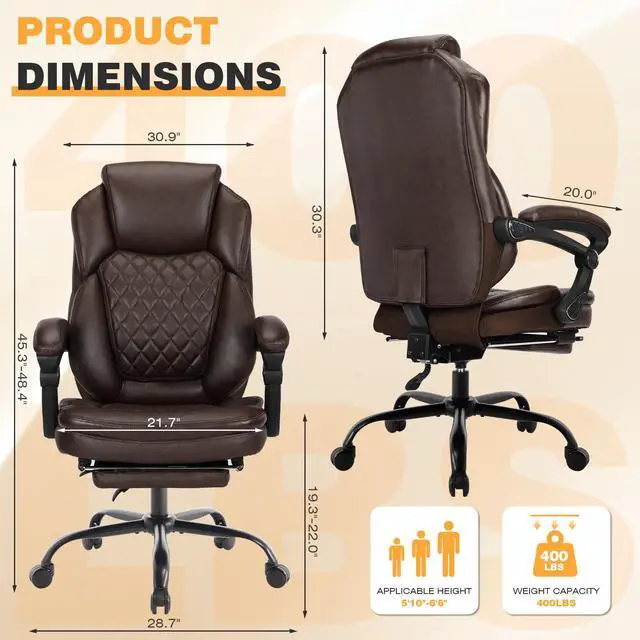 Alt view image 3 of 7 - Plus Size Leather Recliner Office Desk Chair with Foot Rest Brown | 160° Fully Reclining, Height Adjustable, High Back, Big Tall Managerial Executive Chair, Faux Leather, Mid-Century