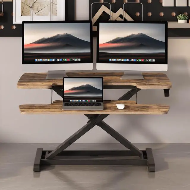 Alt view image 2 of 7 - Standing Desk Converter 36" Desk Riser for Dual Monitor, Sit Stand Computer Workstation with Spacious Keyboard Tray, Ergonomic Height Adjustable Stand Up Desk Riser, Rustic Brown