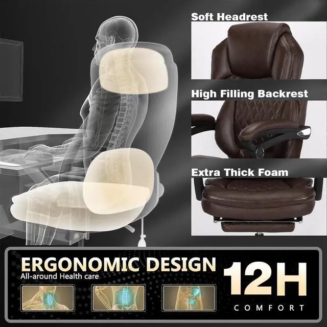 Alt view image 6 of 7 - Plus Size Leather Recliner Office Desk Chair with Foot Rest Brown | 160° Fully Reclining, Height Adjustable, High Back, Big Tall Managerial Executive Chair, Faux Leather, Mid-Century
