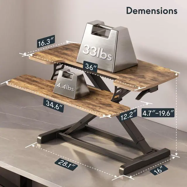 Alt view image 3 of 7 - Standing Desk Converter 36" Desk Riser for Dual Monitor, Sit Stand Computer Workstation with Spacious Keyboard Tray, Ergonomic Height Adjustable Stand Up Desk Riser, Rustic Brown
