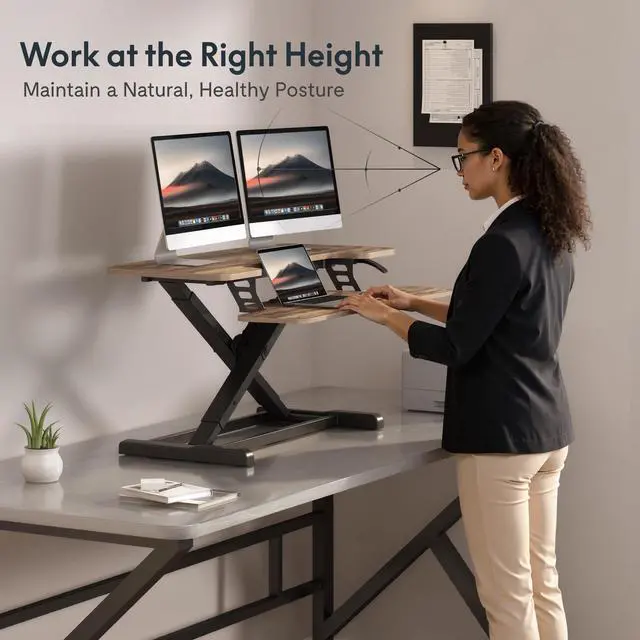 Alt view image 5 of 7 - Standing Desk Converter 36" Desk Riser for Dual Monitor, Sit Stand Computer Workstation with Spacious Keyboard Tray, Ergonomic Height Adjustable Stand Up Desk Riser, Rustic Brown