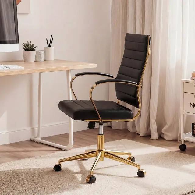 Alt view image 2 of 7 - Gold Office Desk Chair, Ergonomic Leather Modern Conference Room Chairs, Executive Ribbed Height Adjustable Swivel Rolling Golden Chair for Home Office