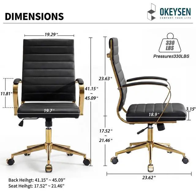 Alt view image 3 of 7 - Gold Office Desk Chair, Ergonomic Leather Modern Conference Room Chairs, Executive Ribbed Height Adjustable Swivel Rolling Golden Chair for Home Office