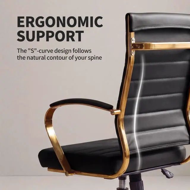 Alt view image 4 of 7 - Gold Office Desk Chair, Ergonomic Leather Modern Conference Room Chairs, Executive Ribbed Height Adjustable Swivel Rolling Golden Chair for Home Office