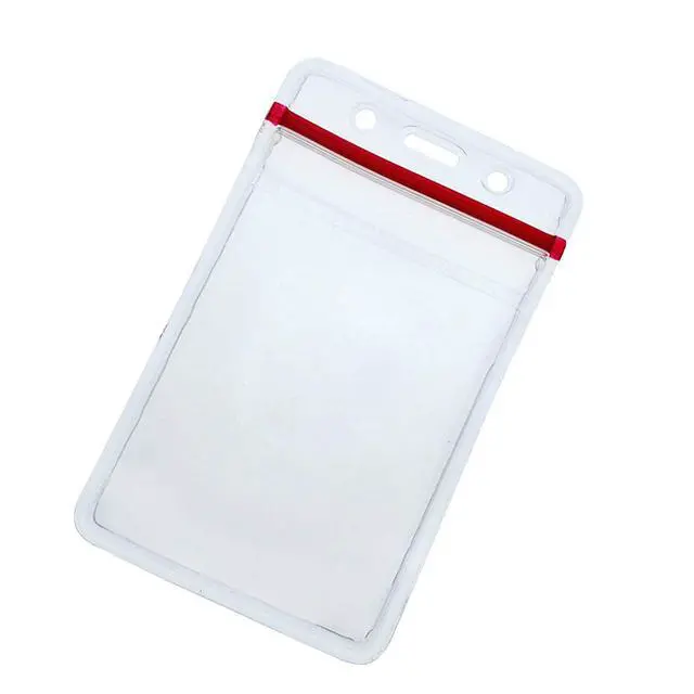 Alt view image 6 of 7 - Bulk 100 Pack - Heavy Duty Clear Vinyl Badge Holders for Vertical Name Badges - Great for Employee or Student ID Card - Water Resistant Sleeves w Red Resealable Top for Multiple Cards by