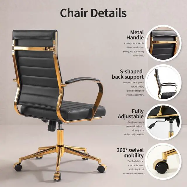 Alt view image 5 of 7 - Gold Office Desk Chair, Ergonomic Leather Modern Conference Room Chairs, Executive Ribbed Height Adjustable Swivel Rolling Golden Chair for Home Office