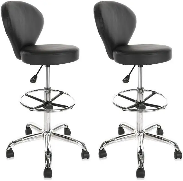 Main image of Black PVC Faux Leather Drafting Chair Set of 2 Rolling Swivel Salon Stool with Back Support Foot Rest Adjustable Hydraulic Seat Height for Massage Facial Spa Medical Drafting Tattoo Beauty