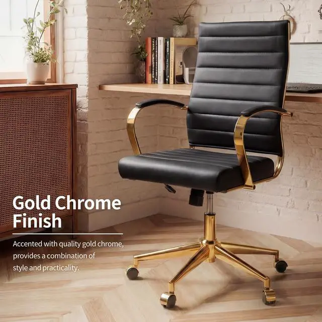 Alt view image 6 of 7 - Gold Office Desk Chair, Ergonomic Leather Modern Conference Room Chairs, Executive Ribbed Height Adjustable Swivel Rolling Golden Chair for Home Office