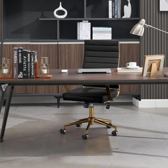 Alt view image 7 of 7 - Gold Office Desk Chair, Ergonomic Leather Modern Conference Room Chairs, Executive Ribbed Height Adjustable Swivel Rolling Golden Chair for Home Office