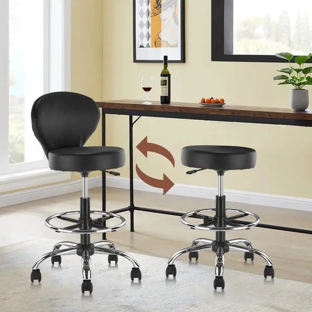 Alt view image 2 of 7 - PVC Faux Leather Drafting Chair Rolling Swivel Salon Stool Seat Adjustable Height 30 Inch with Back Support Foot Rest Hydraulic Wide Seat Diameter 15 in for Tattoo Beauty Barber Lash