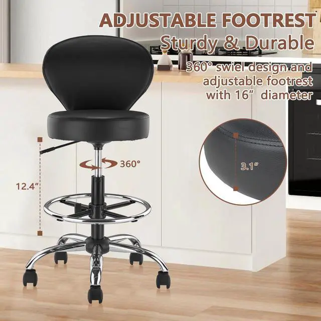 Alt view image 7 of 7 - PVC Faux Leather Drafting Chair Rolling Swivel Salon Stool Seat Adjustable Height 30 Inch with Back Support Foot Rest Hydraulic Wide Seat Diameter 15 in for Tattoo Beauty Barber Lash