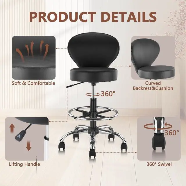 Alt view image 6 of 7 - PVC Faux Leather Drafting Chair Rolling Swivel Salon Stool Seat Adjustable Height 30 Inch with Back Support Foot Rest Hydraulic Wide Seat Diameter 15 in for Tattoo Beauty Barber Lash