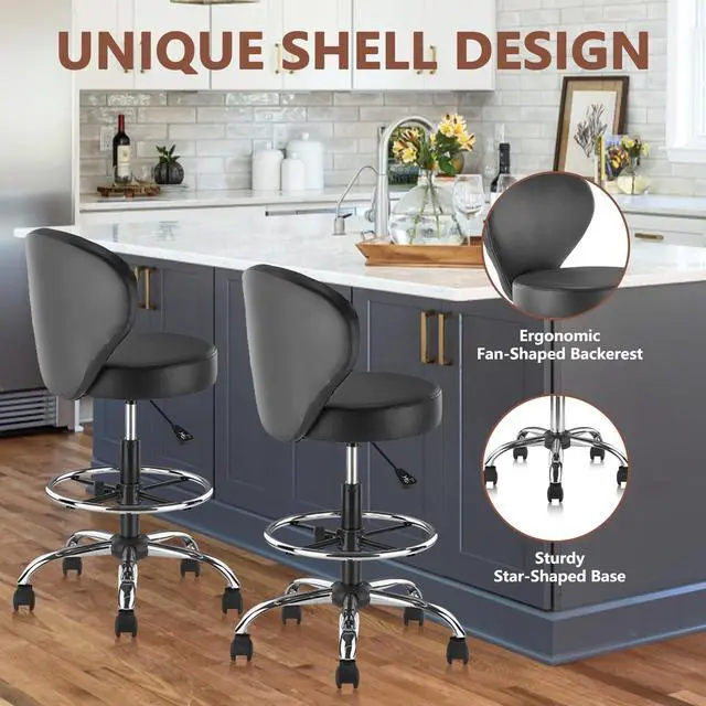 Alt view image 6 of 7 - Black PVC Faux Leather Drafting Chair Rolling Swivel Salon Stool Seat Adjustable Height 36 Inch with Back Support Foot Rest Hydraulic Wide Seat for Tattoo Beauty Barber Lash 1Pack