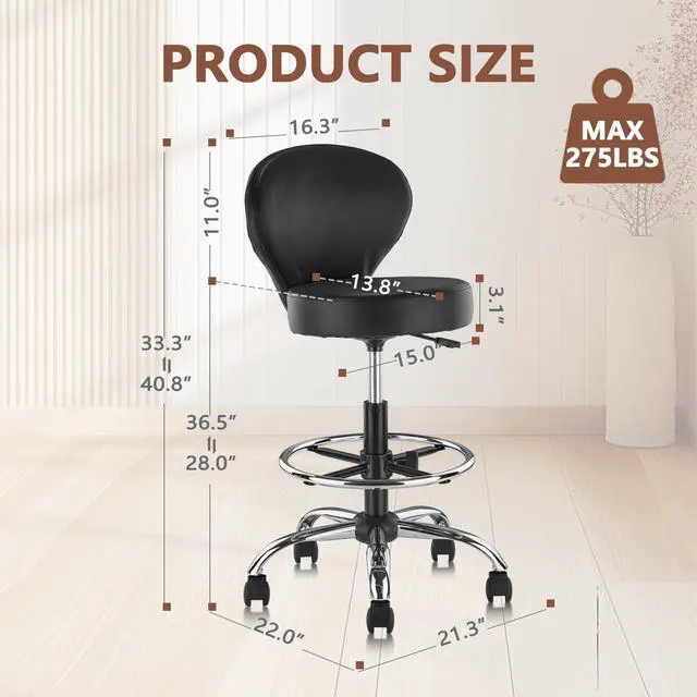 Alt view image 3 of 7 - PVC Faux Leather Drafting Chair Rolling Swivel Salon Stool Seat Adjustable Height 30 Inch with Back Support Foot Rest Hydraulic Wide Seat Diameter 15 in for Tattoo Beauty Barber Lash
