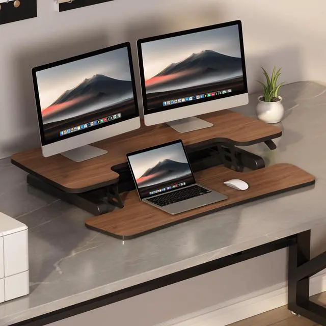 Alt view image 2 of 7 - 36" Standing Desk Converter, Dual Monitor Desk Riser, Sit Stand Computer Workstation with Ergonomic Height Adjustment, Large Stand Up Desk Riser for Home Office, Walnut