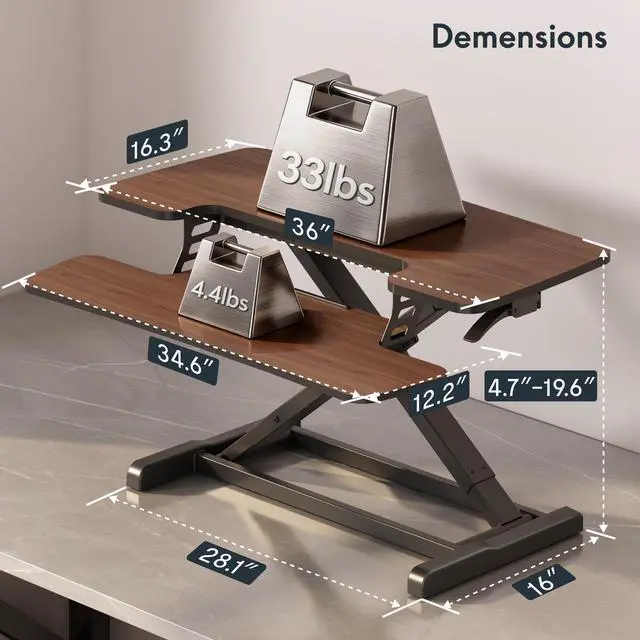 Alt view image 3 of 7 - 36" Standing Desk Converter, Dual Monitor Desk Riser, Sit Stand Computer Workstation with Ergonomic Height Adjustment, Large Stand Up Desk Riser for Home Office, Walnut